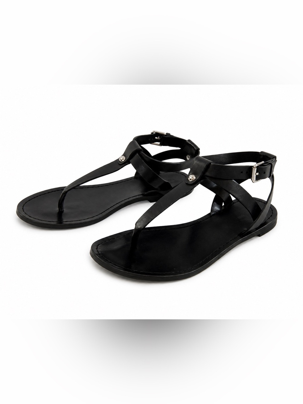 & OTHER STORIES WOMEN BLACK T FRONT GENUINE LEATHER ROMAN STYLE SANDALS.SIZE-7